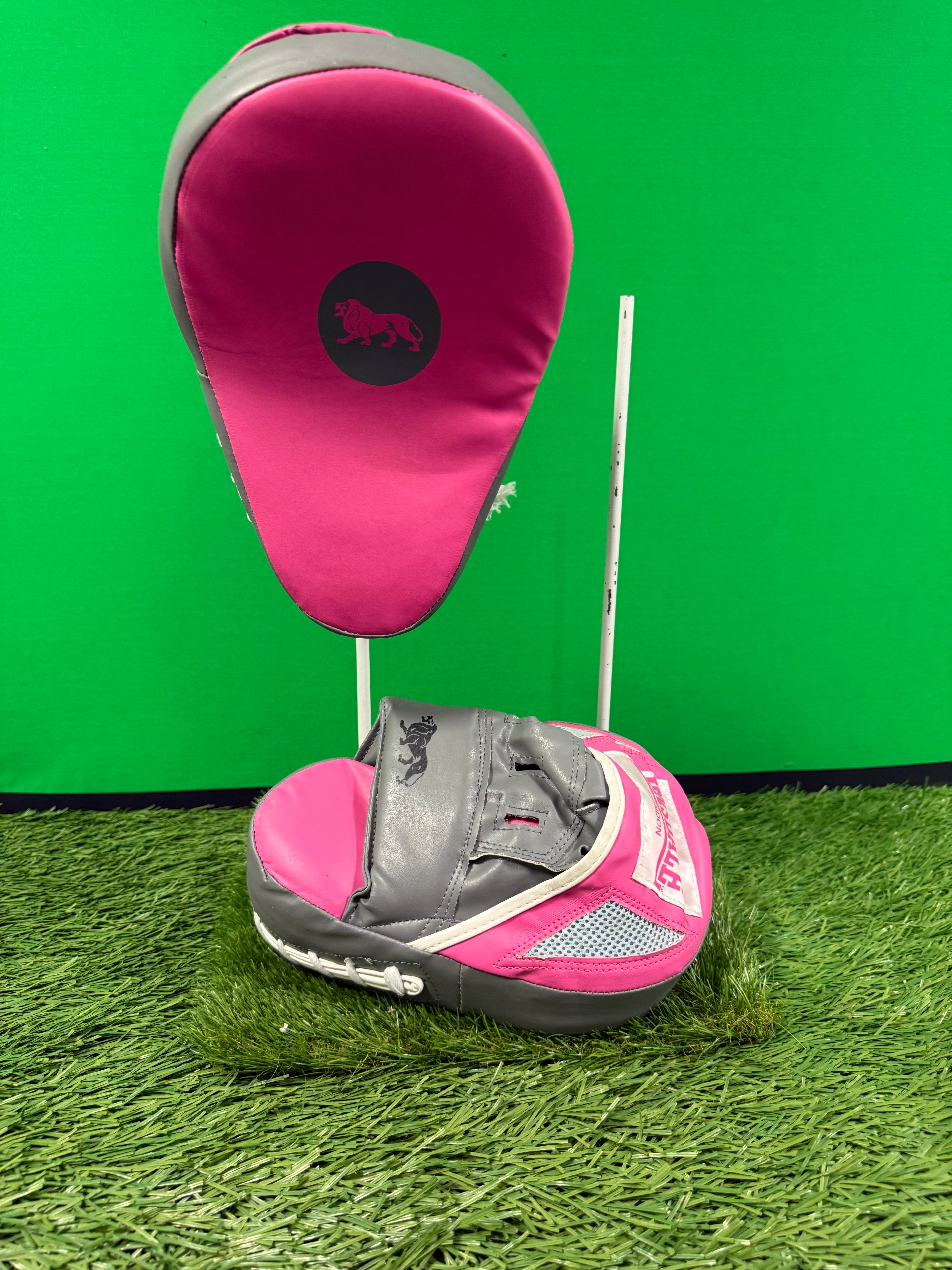 Pink and grey boxing focus pads with lion logo positioned on artificial grass against a green background