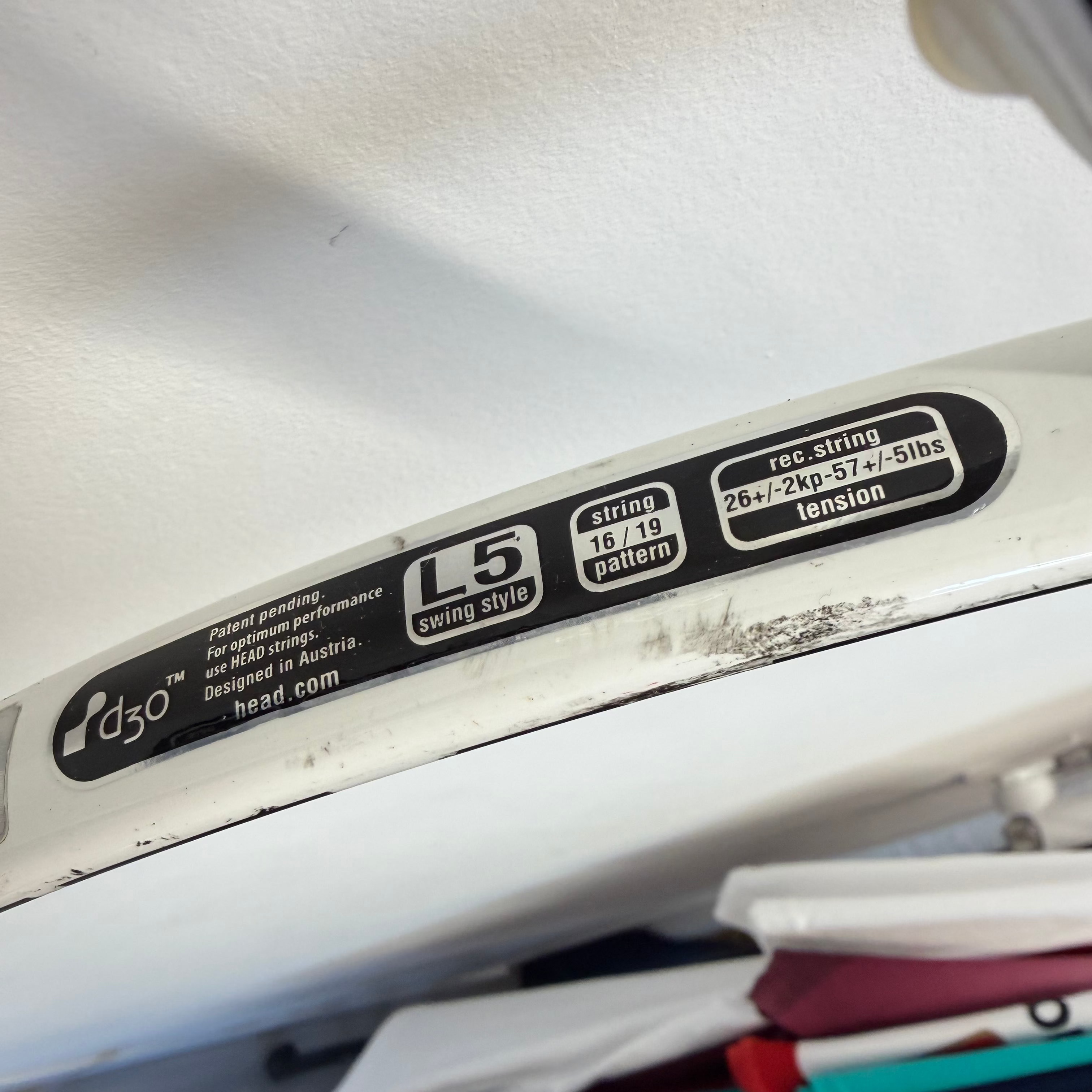 Detail of Head Speed MP racket specifications on frame