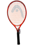 Full view of Head Junior red tennis racket with black grip hanging on wall