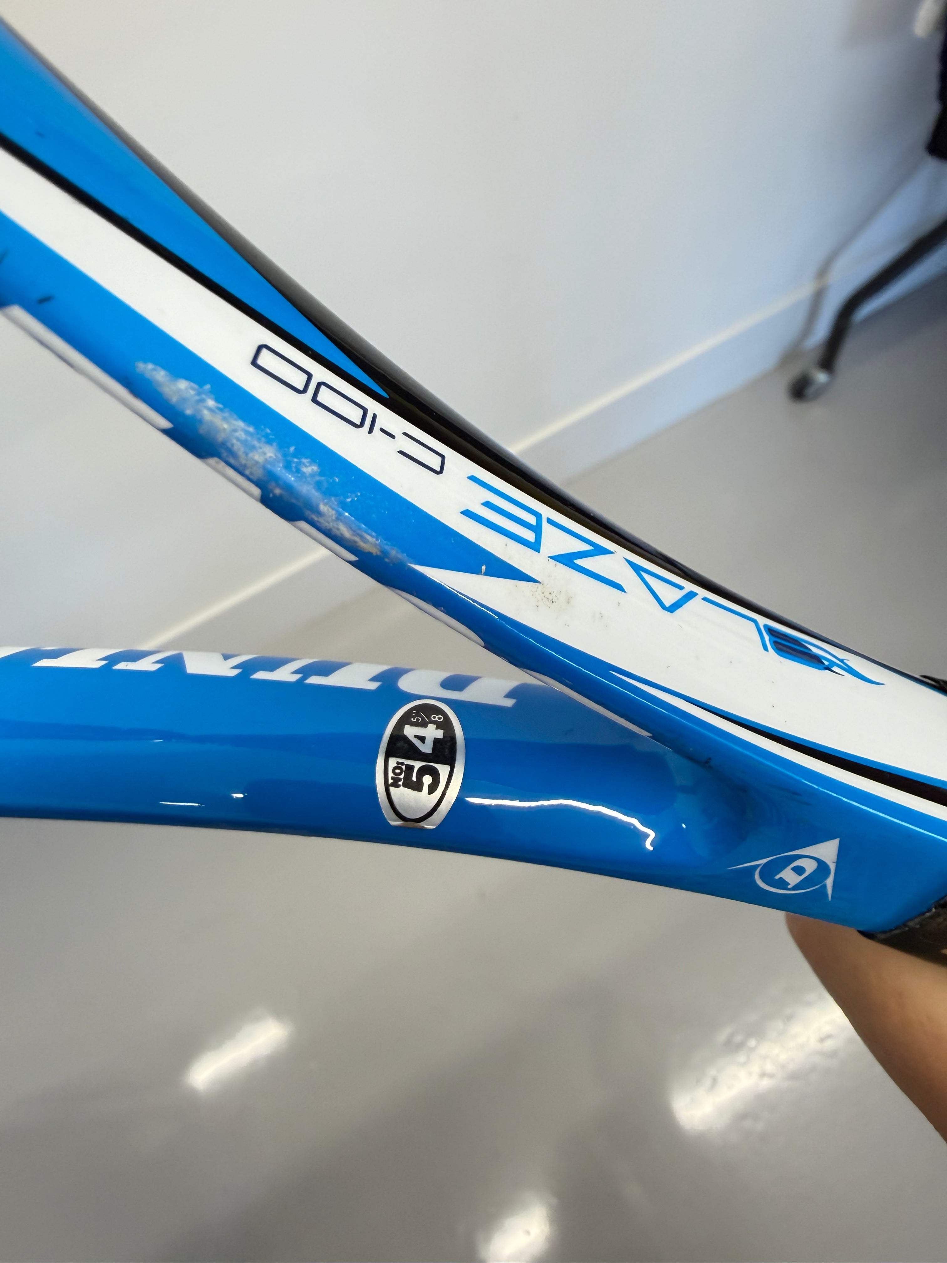 Close-up of Dunlop Blaze C-100 tennis racket blue and white frame