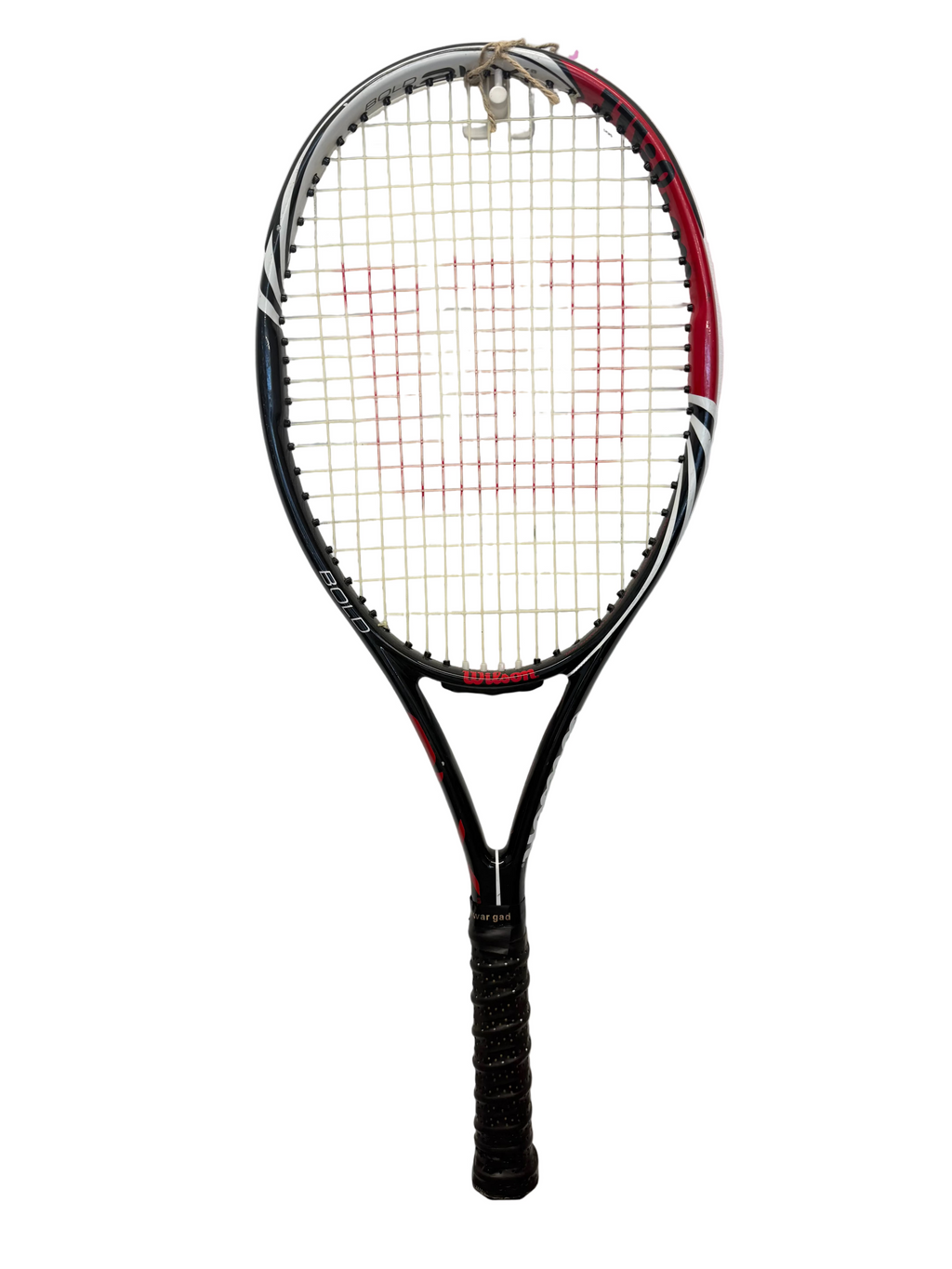 Full view of Wilson tennis racket in black, white, and red with red strings and logo
