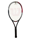 Full view of Wilson tennis racket in black, white, and red with red strings and logo