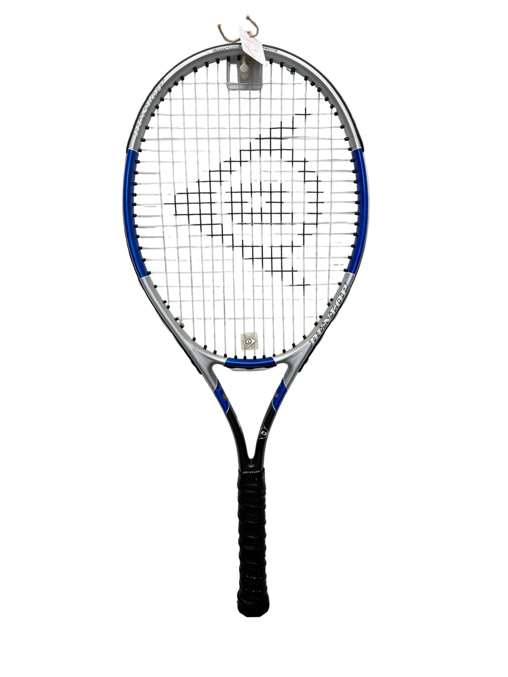 Full view of Dunlop tennis racket with blue, silver, and black frame