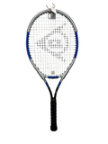 Full view of Dunlop tennis racket with blue, silver, and black frame