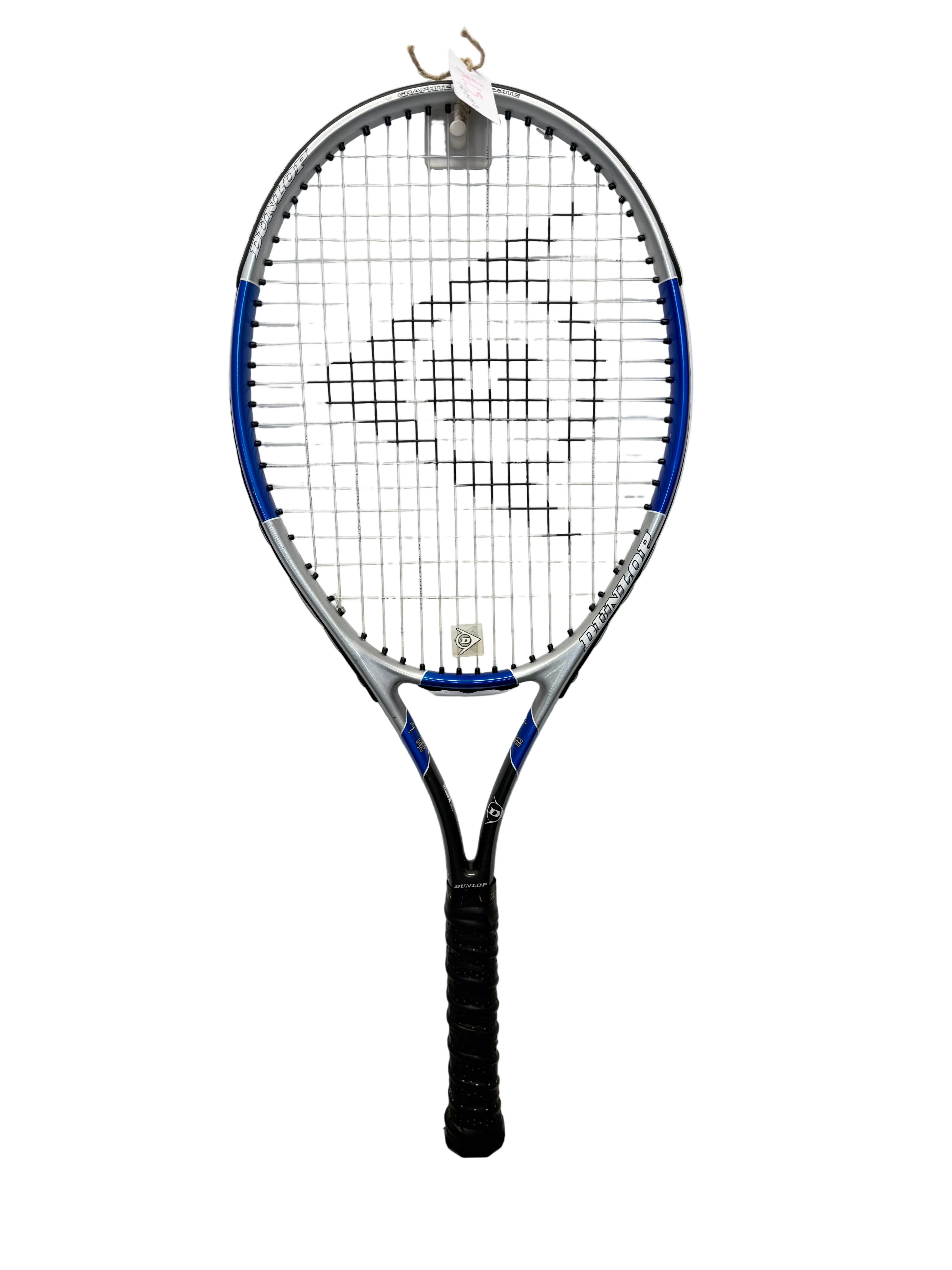 Full view of Dunlop tennis racket with blue, silver, and black frame