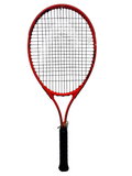 Full product shot of Head Radical 27 tennis racket with black grip and red frame
