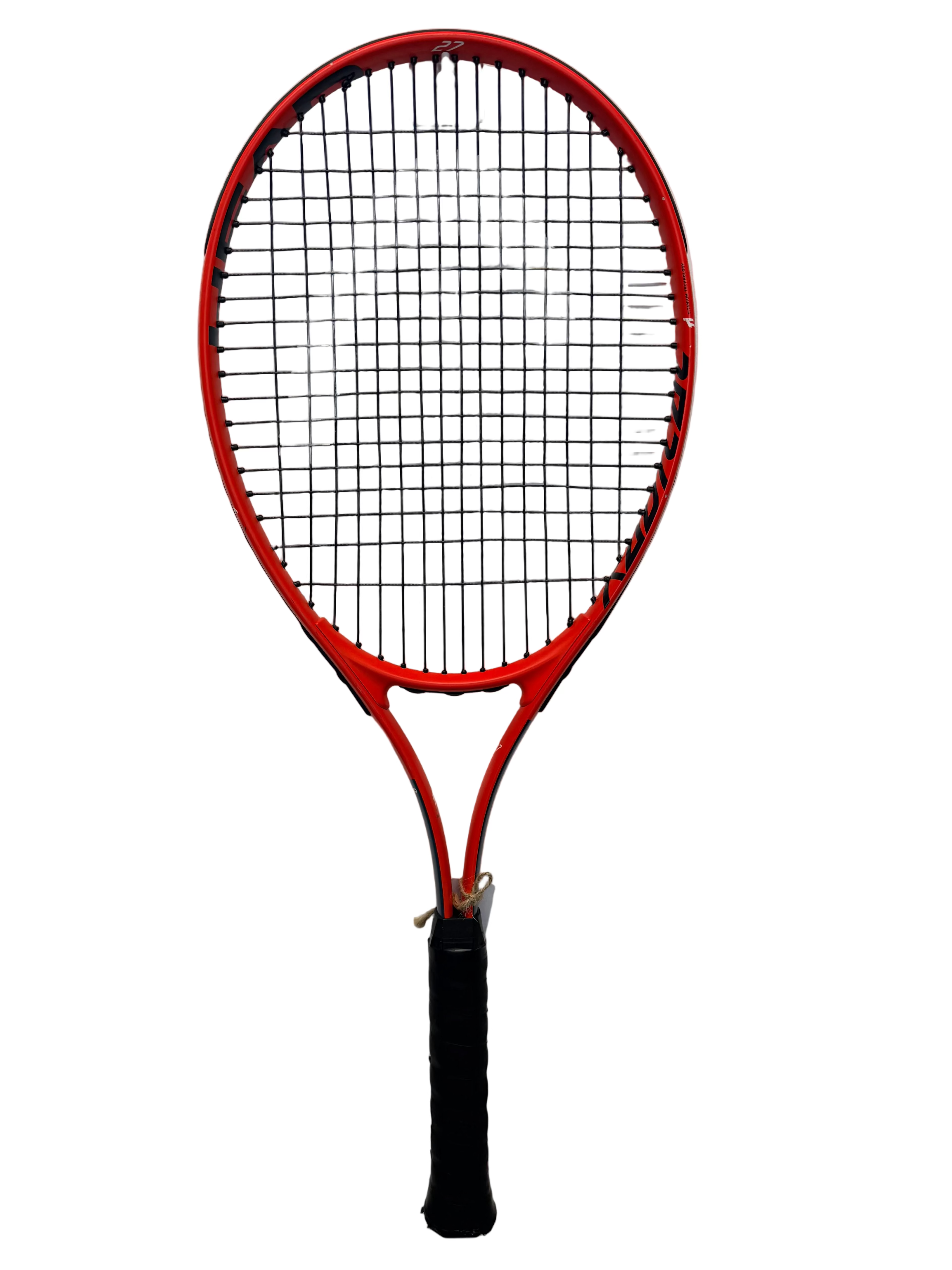 Full product shot of Head Radical 27 tennis racket with black grip and red frame