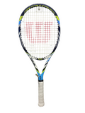 Full front view of Wilson BLX tennis racket with white, blue, and yellow frame