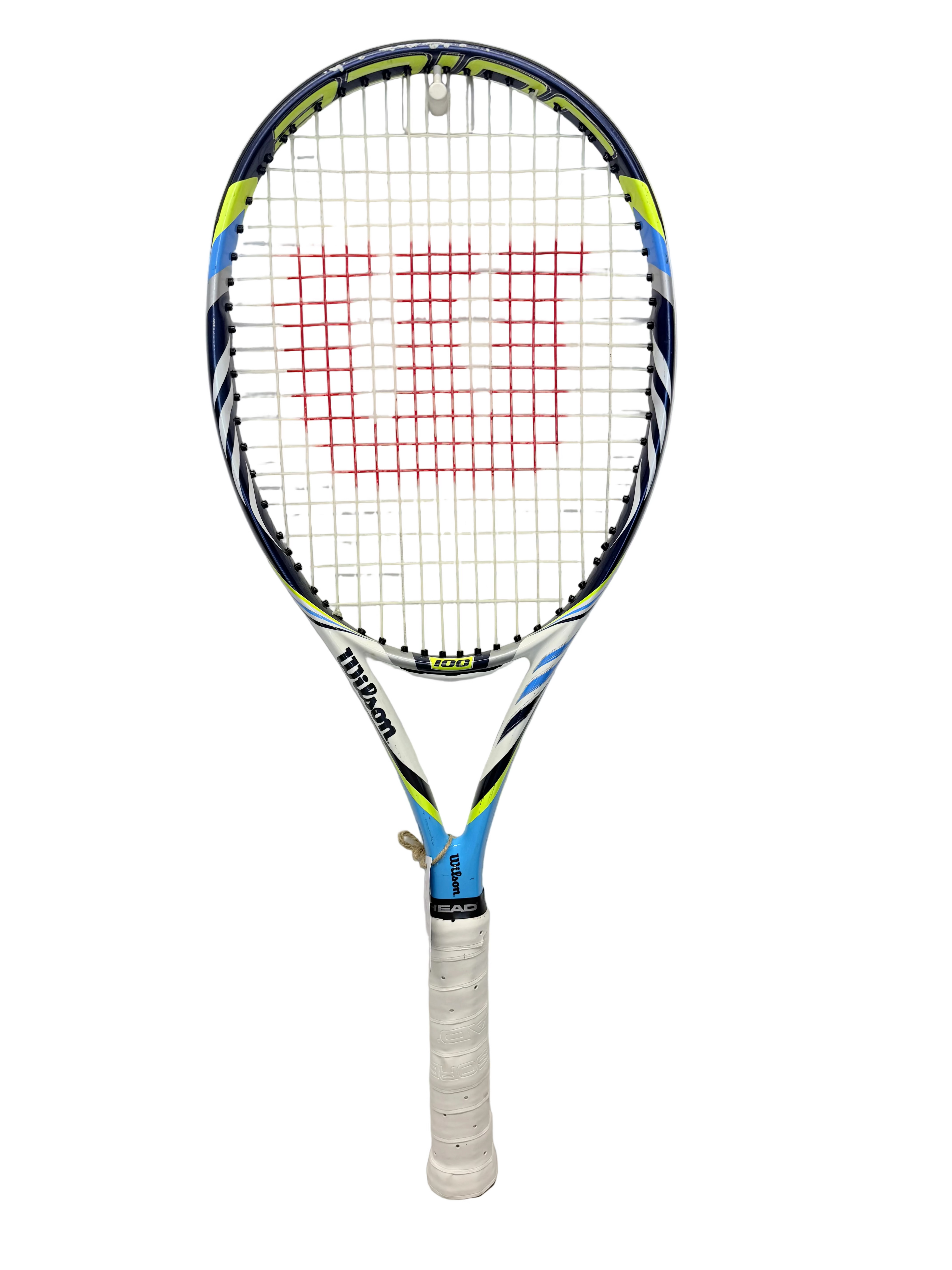 Full front view of Wilson BLX tennis racket with white, blue, and yellow frame
