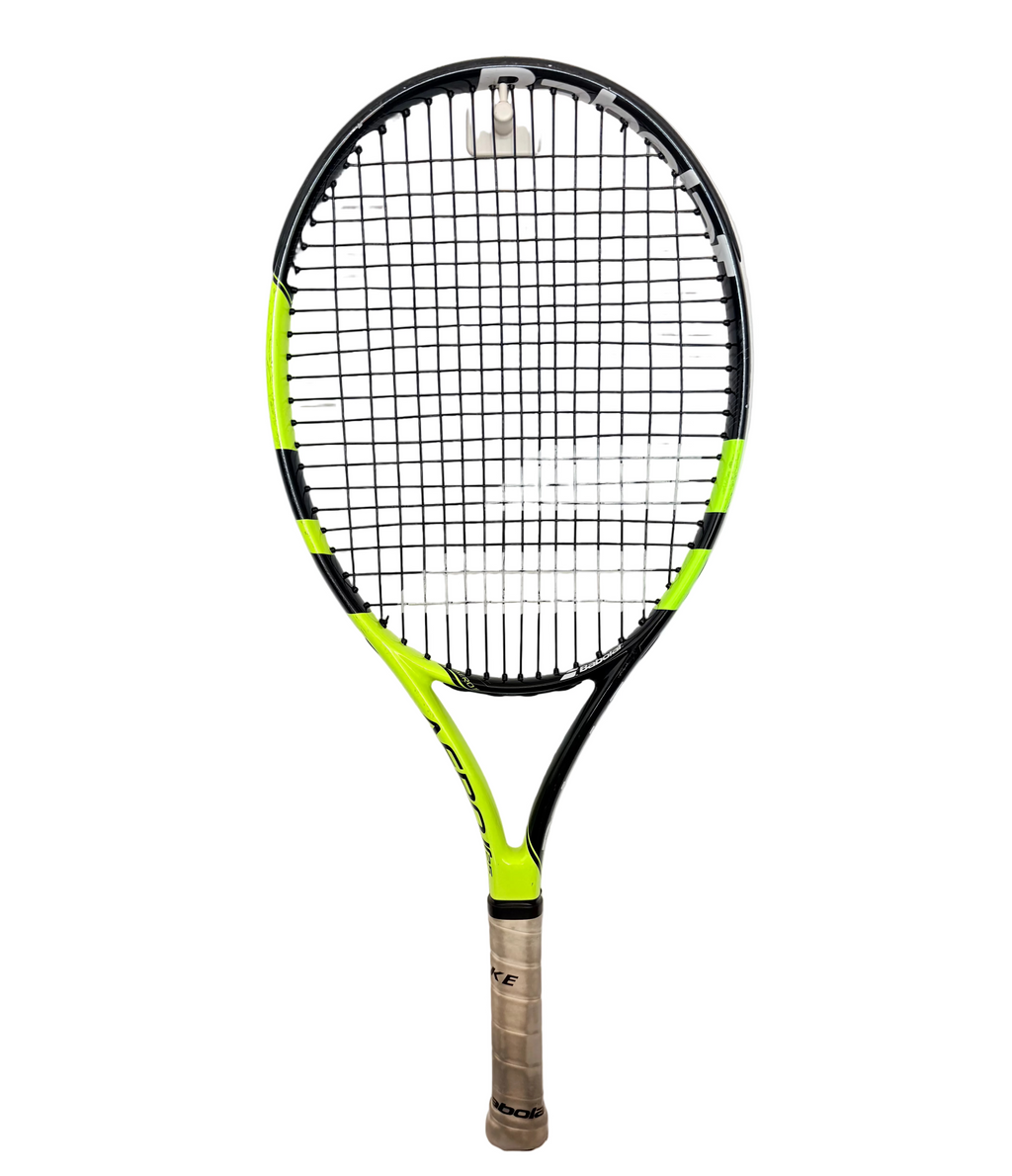 Full view of Babolat Aero Jr25 tennis racket with yellow and black design