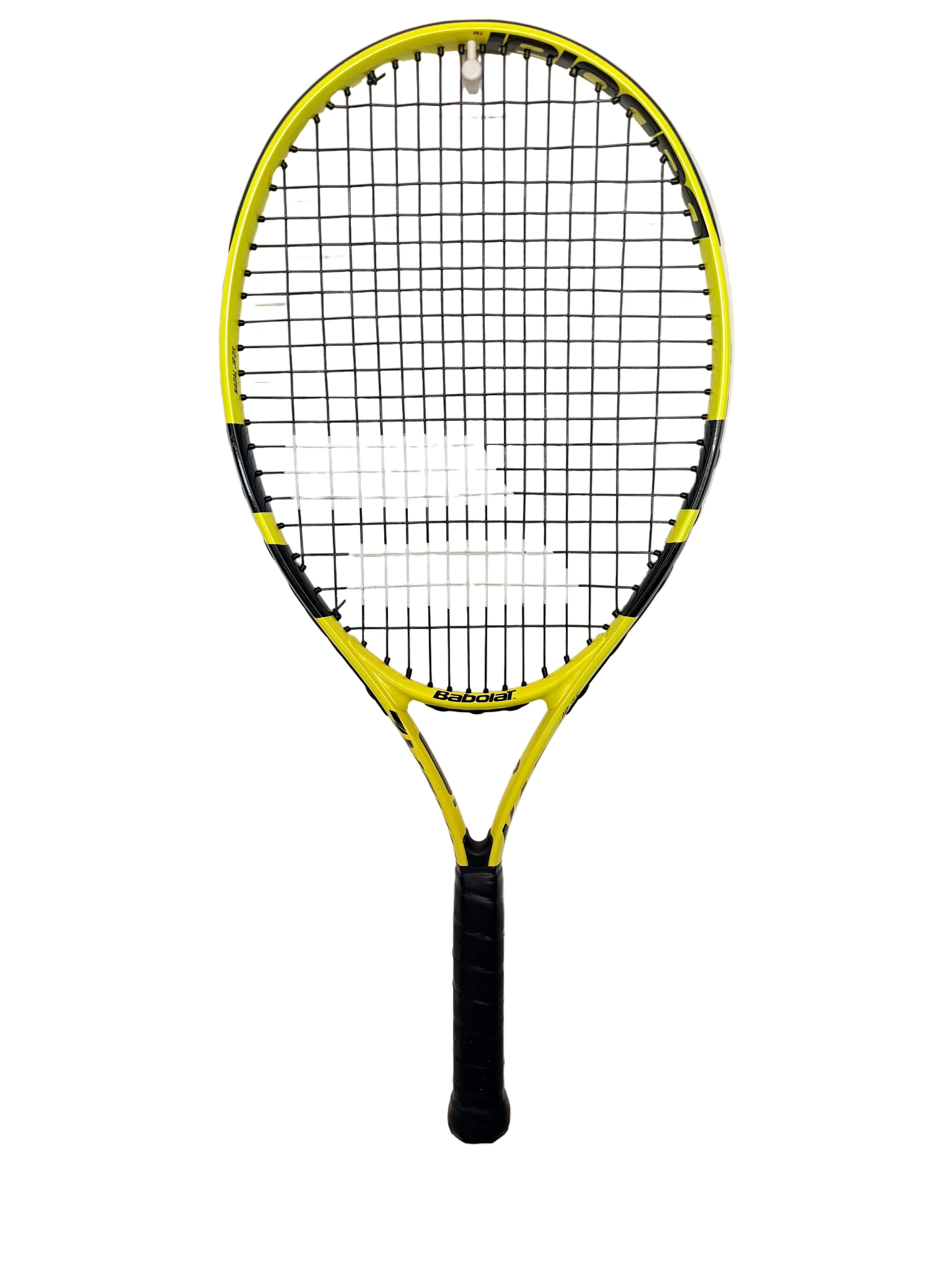 Full view of Babolat Nadal JR25 tennis racket with yellow and black design