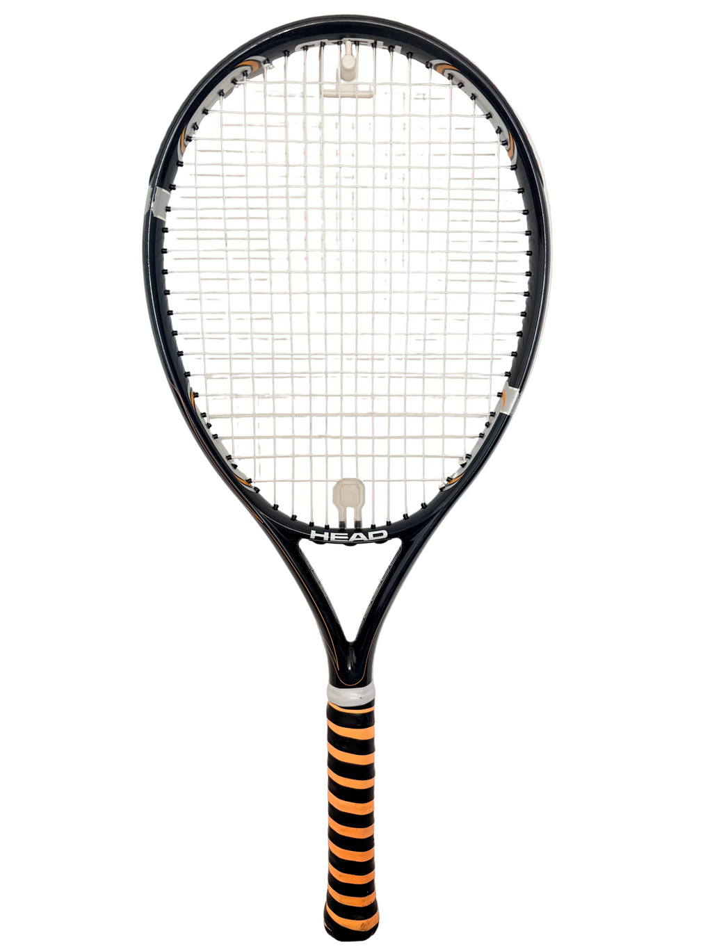 Full view of Head tennis racket with striped grip and large head