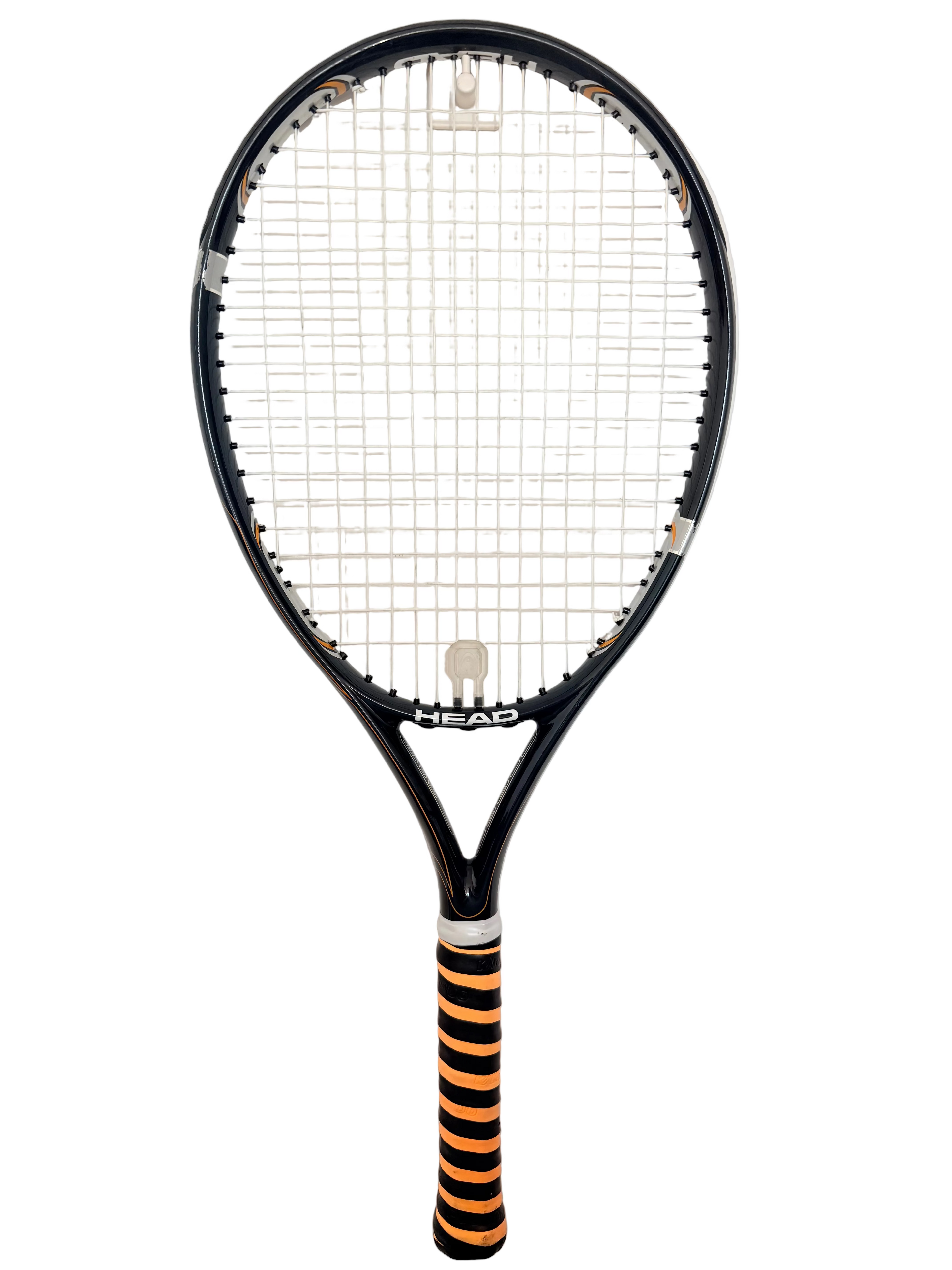 Full view of Head tennis racket with striped grip and large head