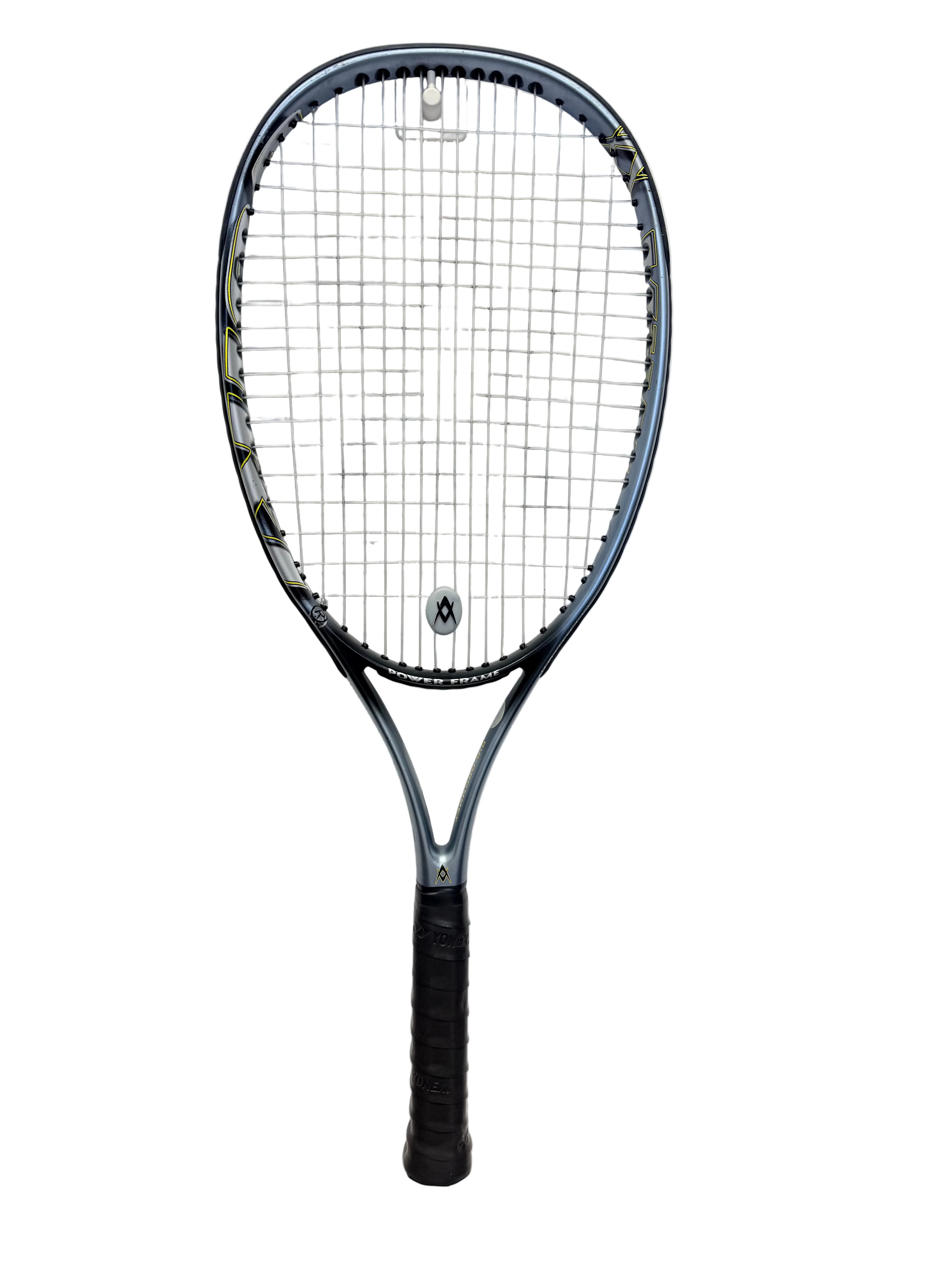 Full view of Völkl silver tennis racket against a white background