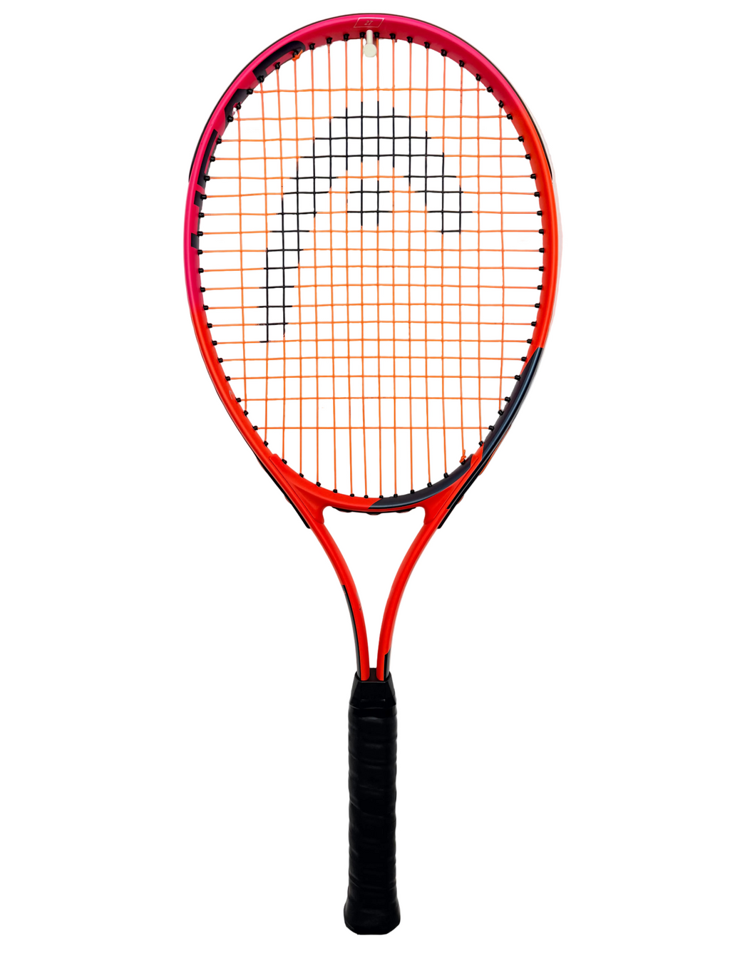 Head Radical tennis racket with orange and black frame hanging on a wall