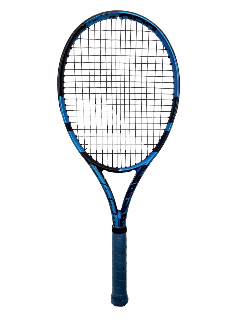 Full Babolat Pure blue tennis racket with black and white strings