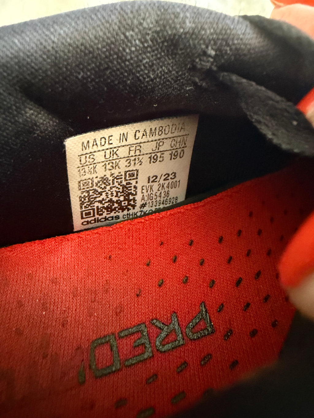 adidas Predator football boot size and label showing 13K size made in Cambodia