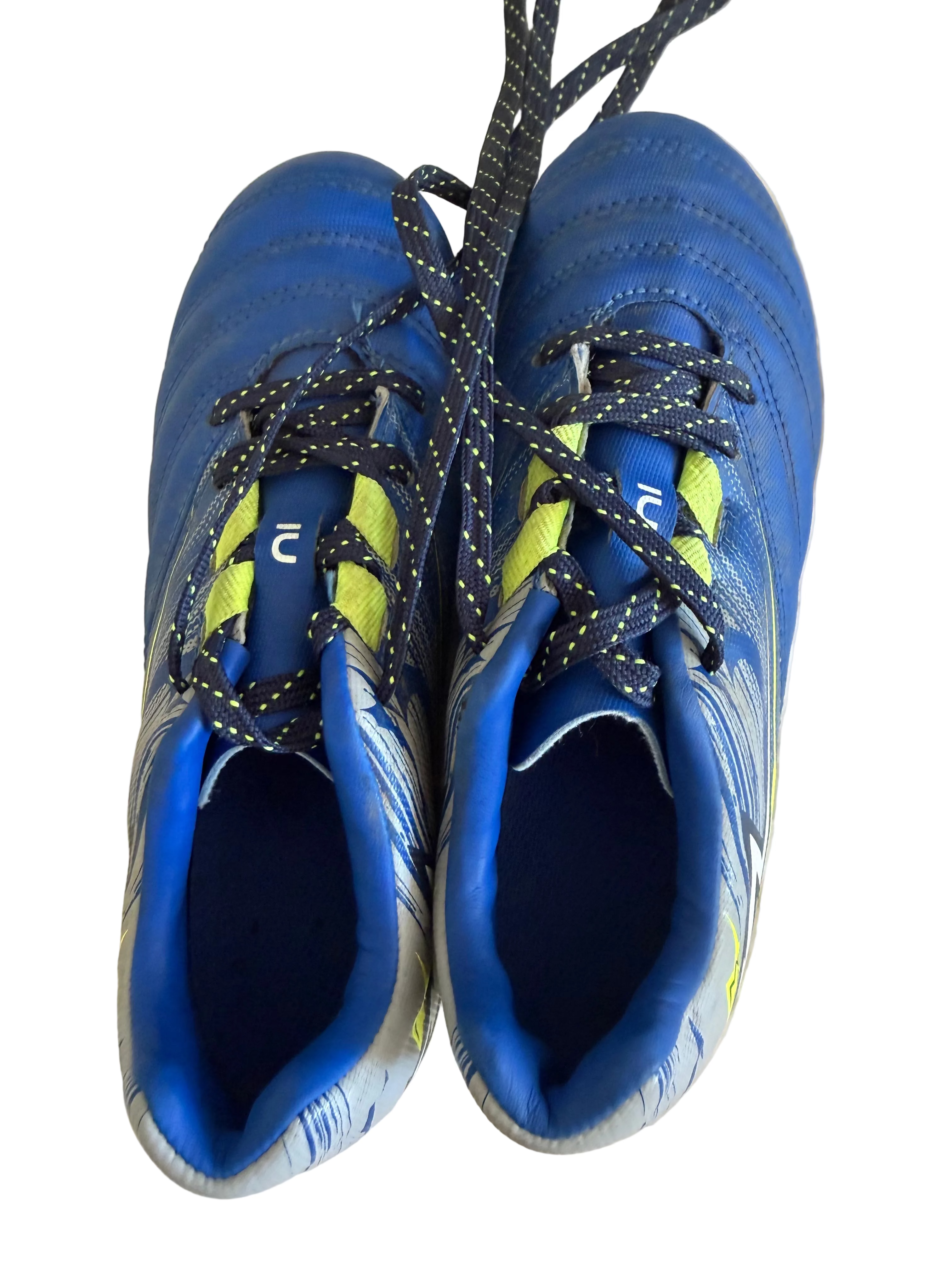 Pair of blue and grey Kipsta football boots with yellow accents, top view