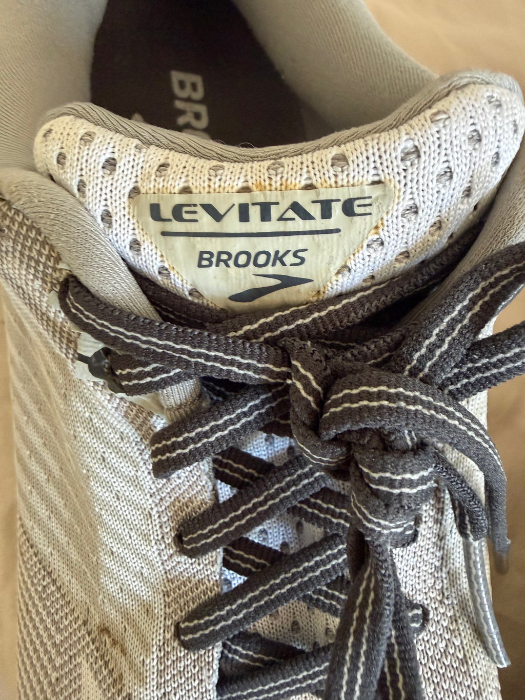 Close-up of Brooks Levitate logo and laces