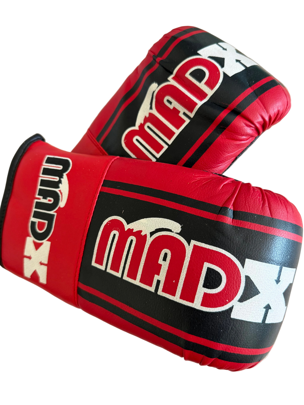 Pair of MadX boxing gloves in red and black with logo detail