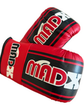 Pair of MadX boxing gloves in red and black with logo detail