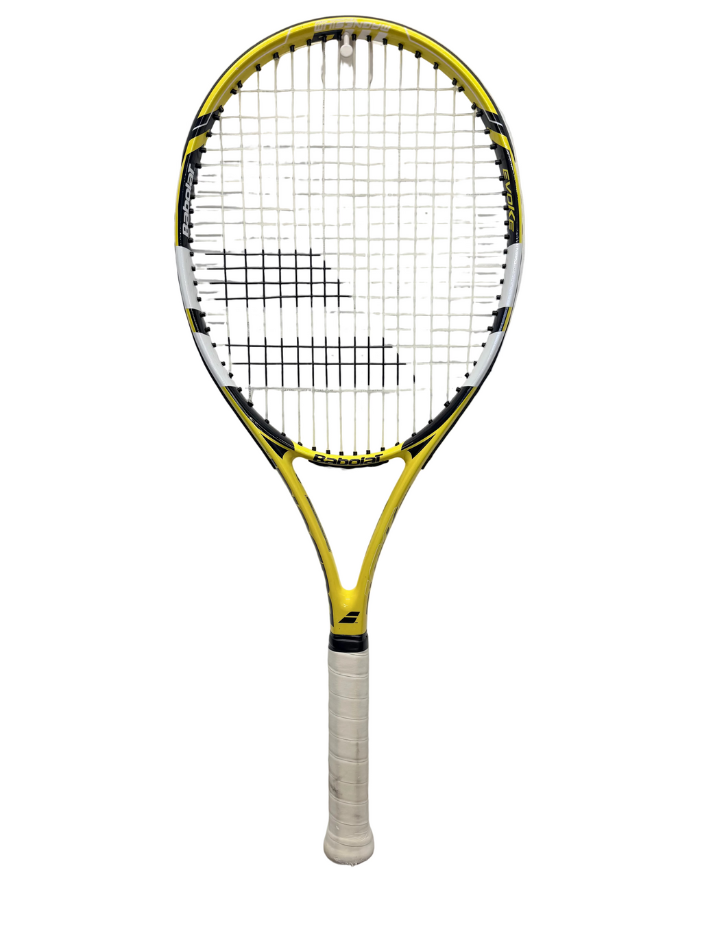 Full view of Babolat Evoke 102 yellow tennis racket with white grip