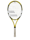 Full view of Babolat Evoke 102 yellow tennis racket with white grip
