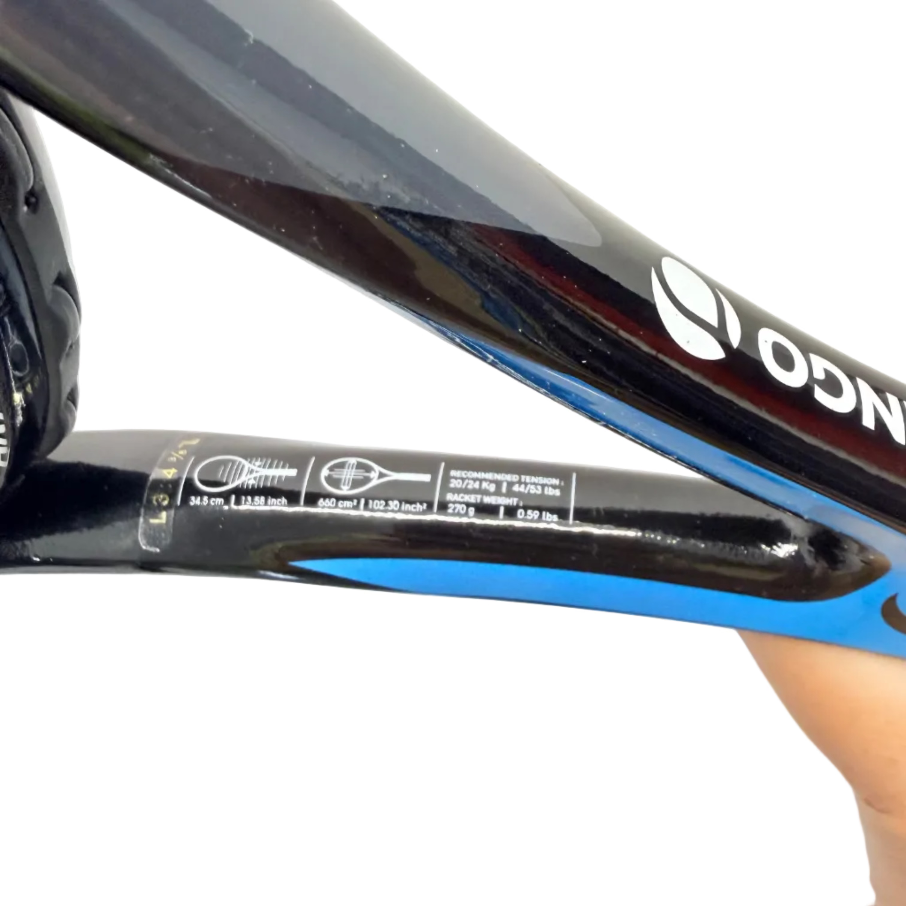 Close-up of specification details on Artengo tennis racket frame