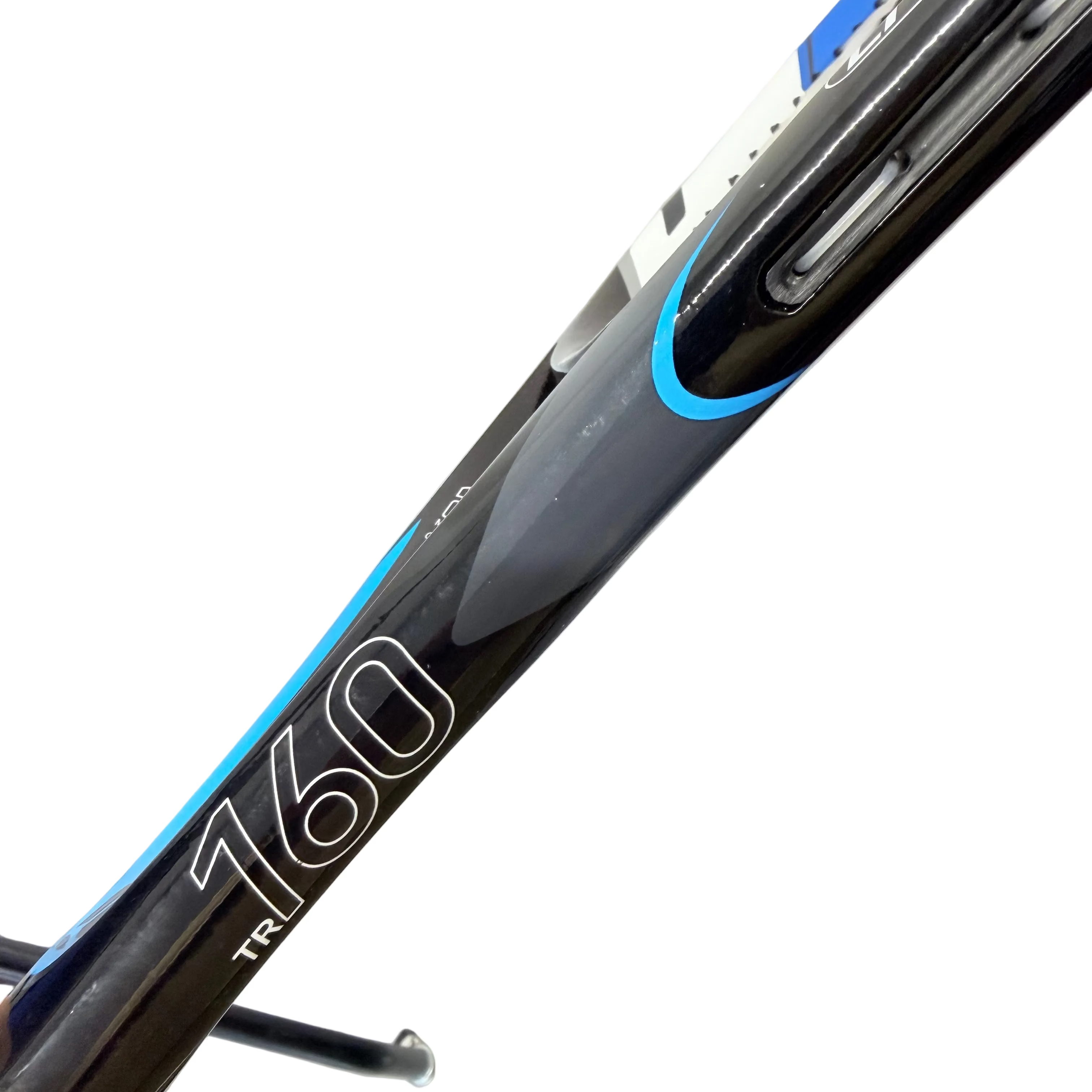 Detail of TR160 Lite text branding on Artengo tennis racket shaft
