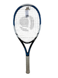 Front view of Artengo TR160 Lite tennis racket in black and blue with white grip