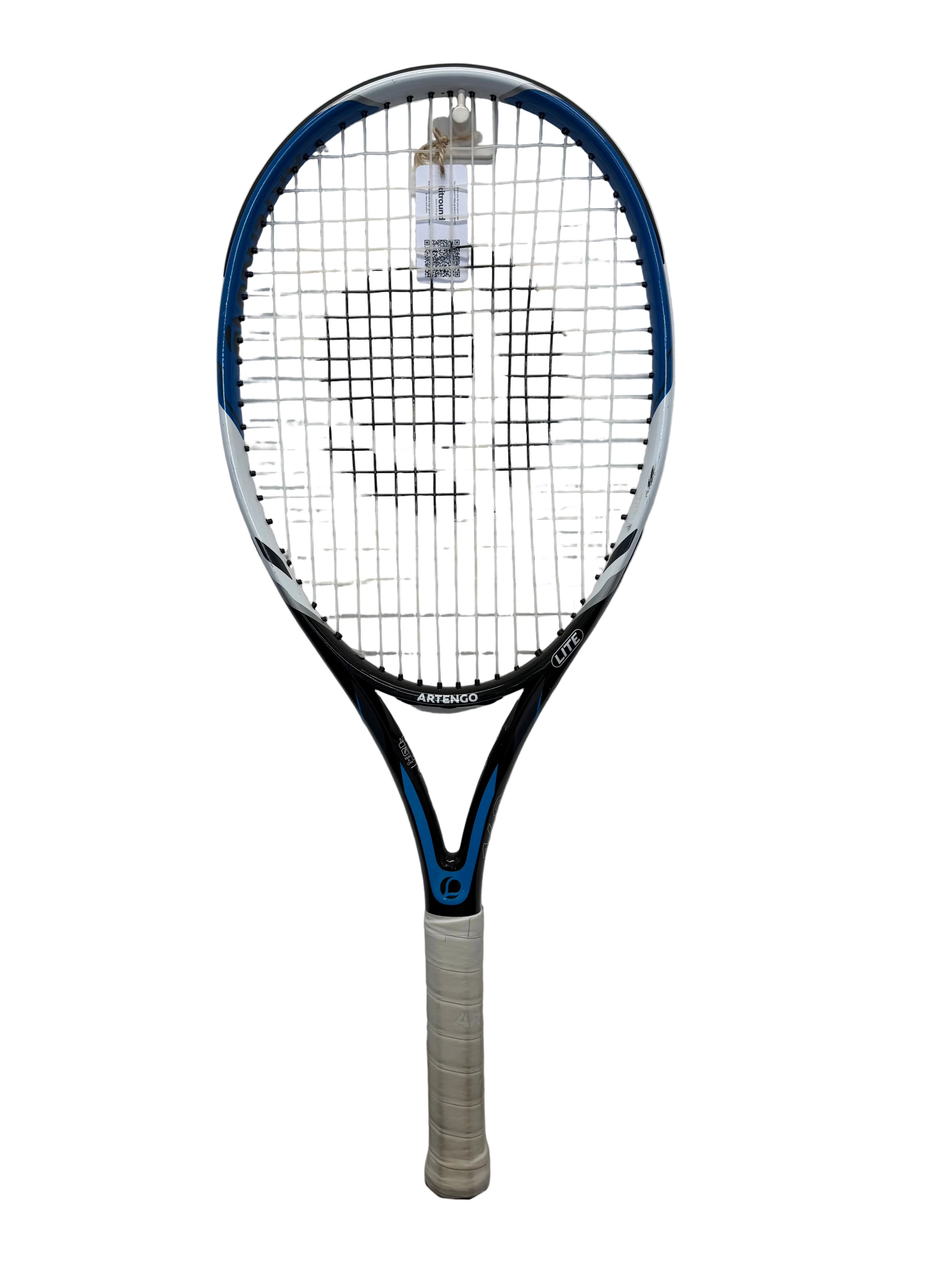 Front view of Artengo TR160 Lite tennis racket in black and blue with white grip