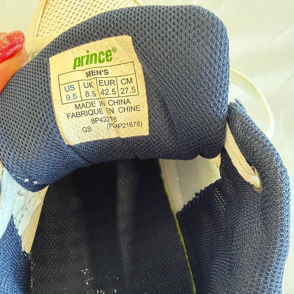 Closeup of inner tongue label on Prince trainers showing sizing details