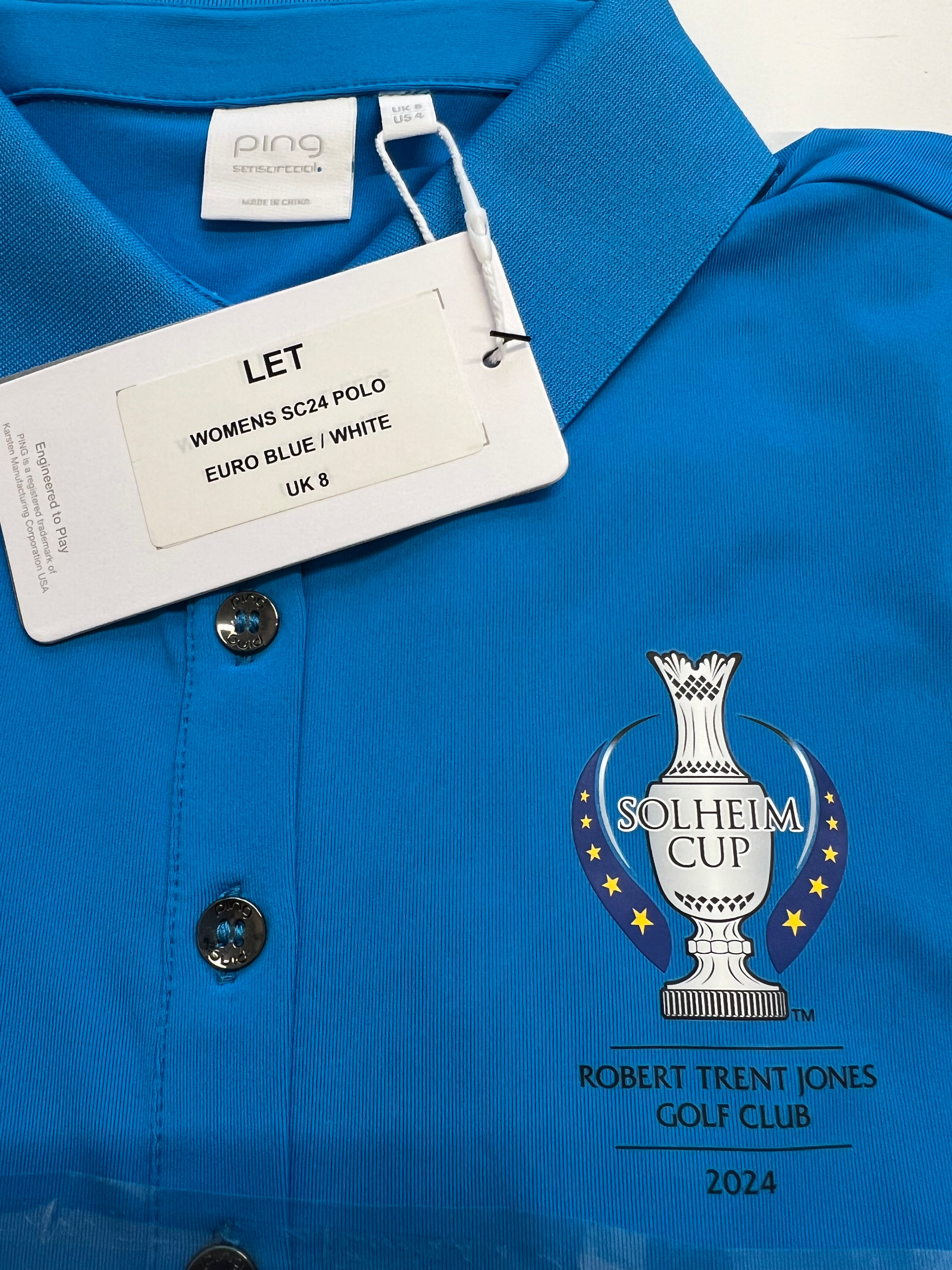 Close-up of Solheim Cup logo and tag on Women's Ping Golf Polo, size 8