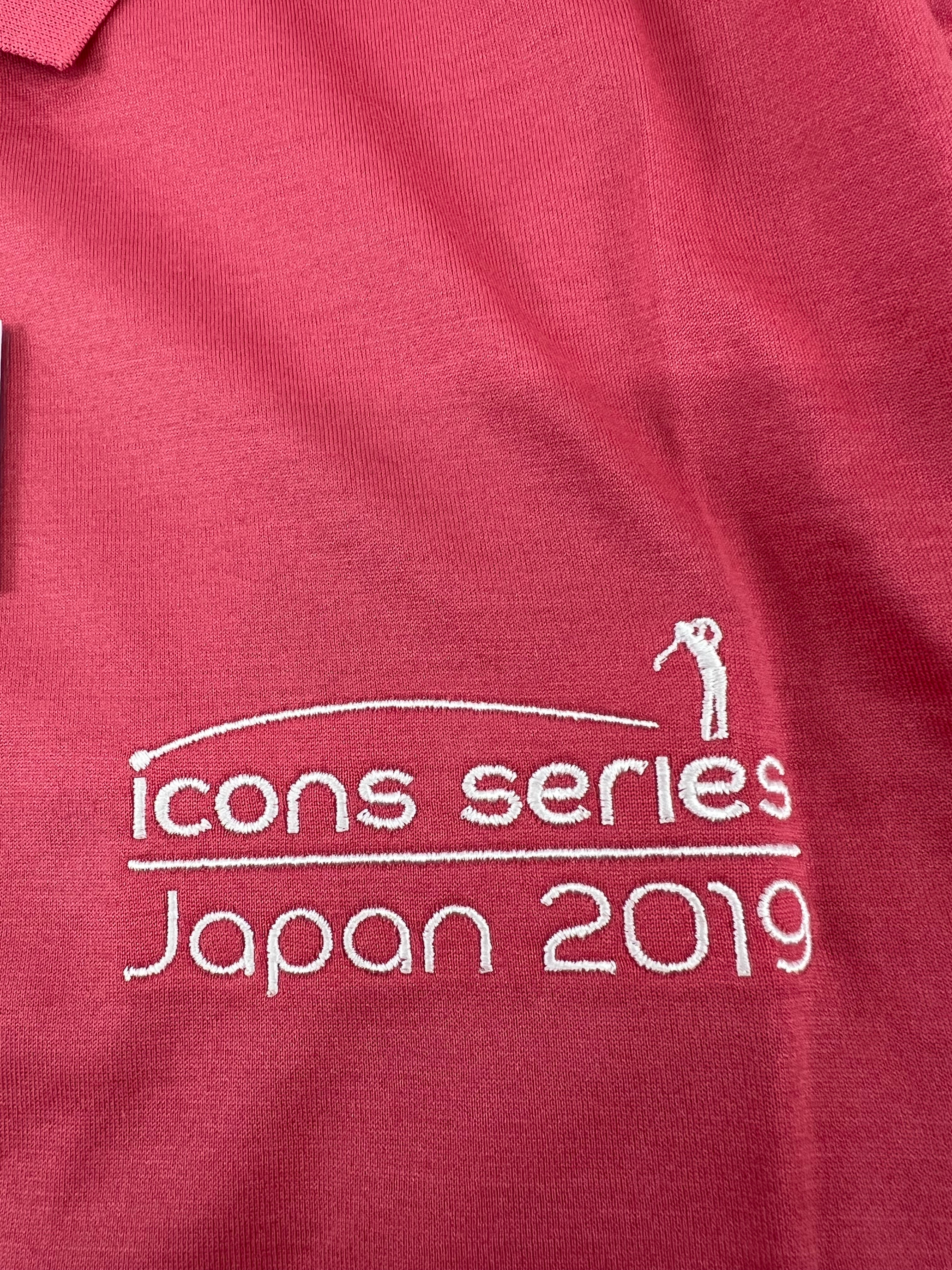 Close-up of Japan 2019 Icon Series embroidery on pink Peter Millar polo
