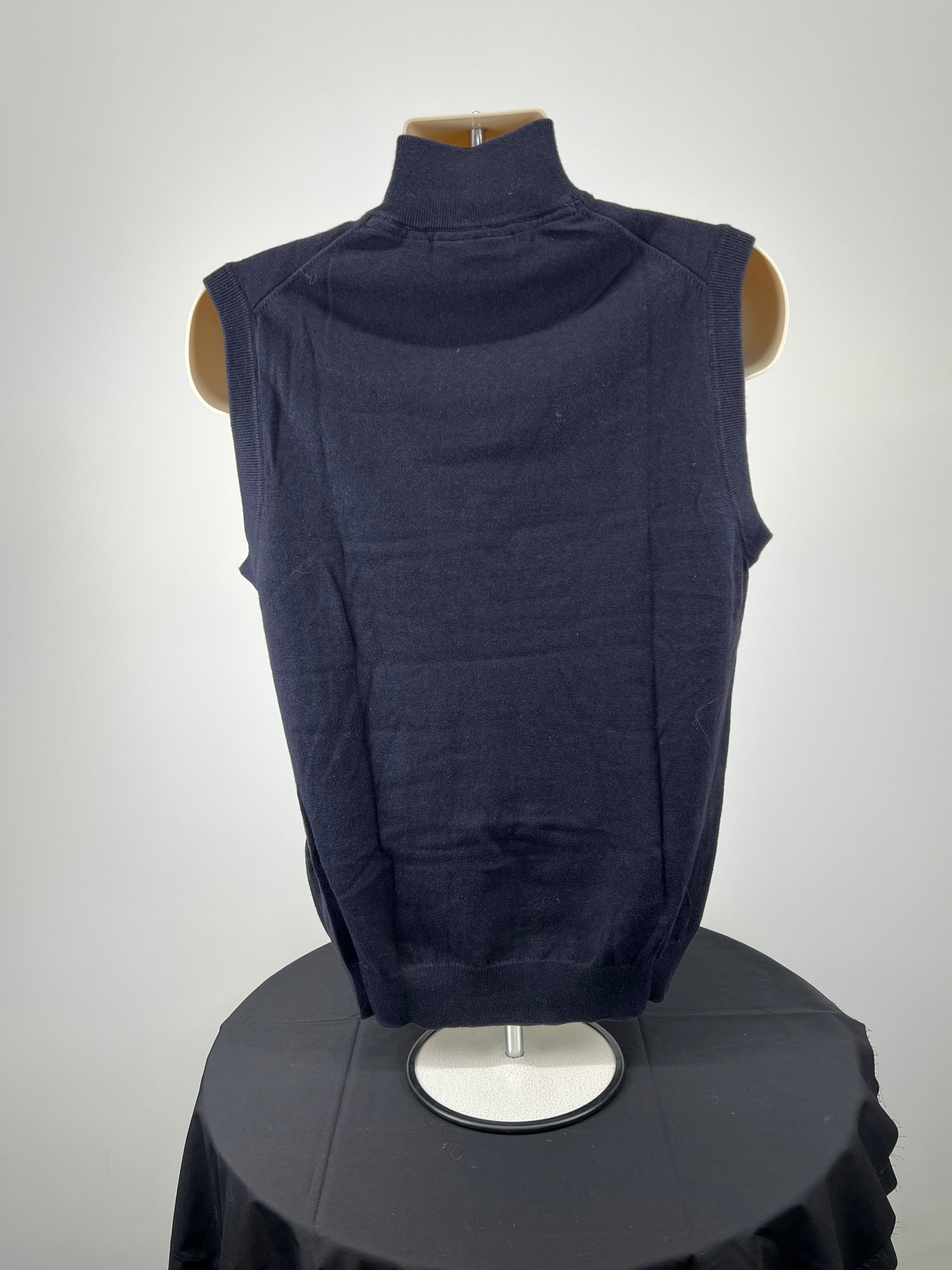 Back view of men’s navy Lyle and Scott sleeveless pullover showing plain knit fabric