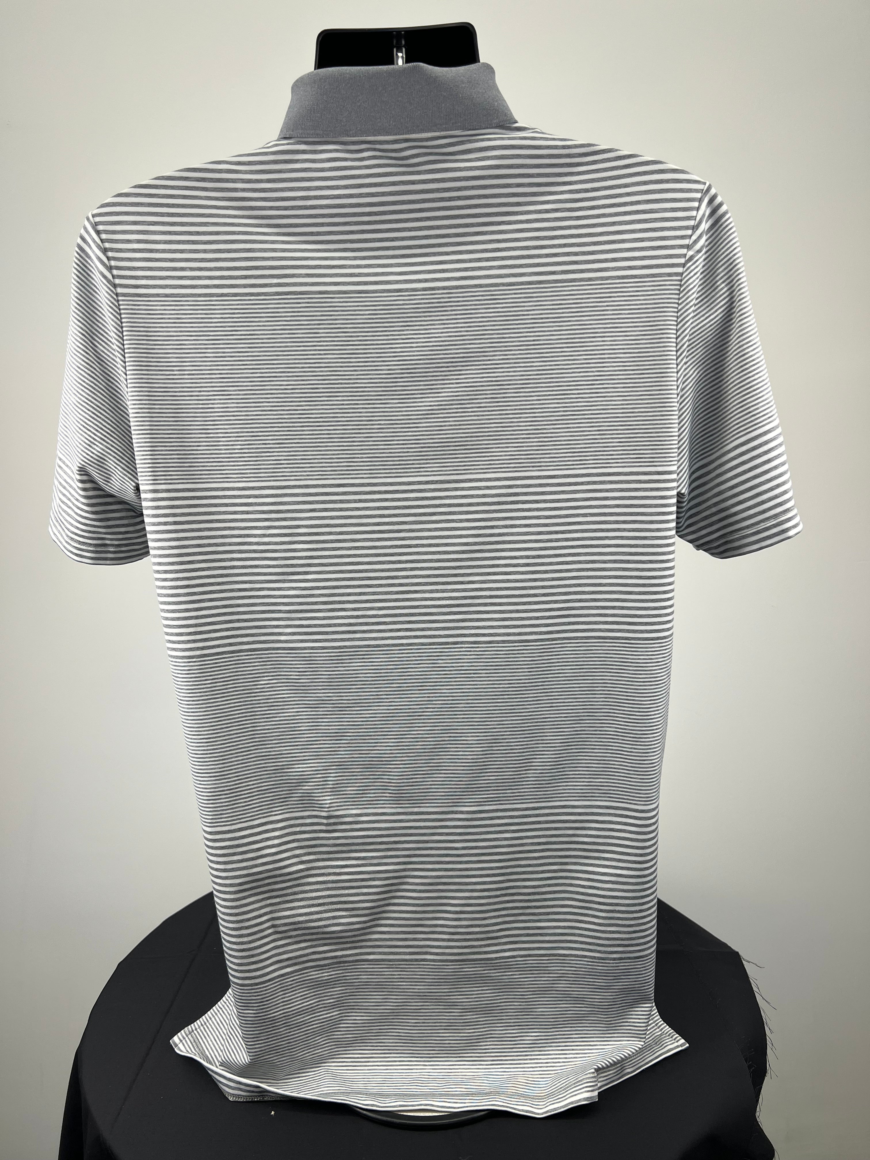 Back view of Ralph Lauren RLX grey and white striped polo shirt on mannequin