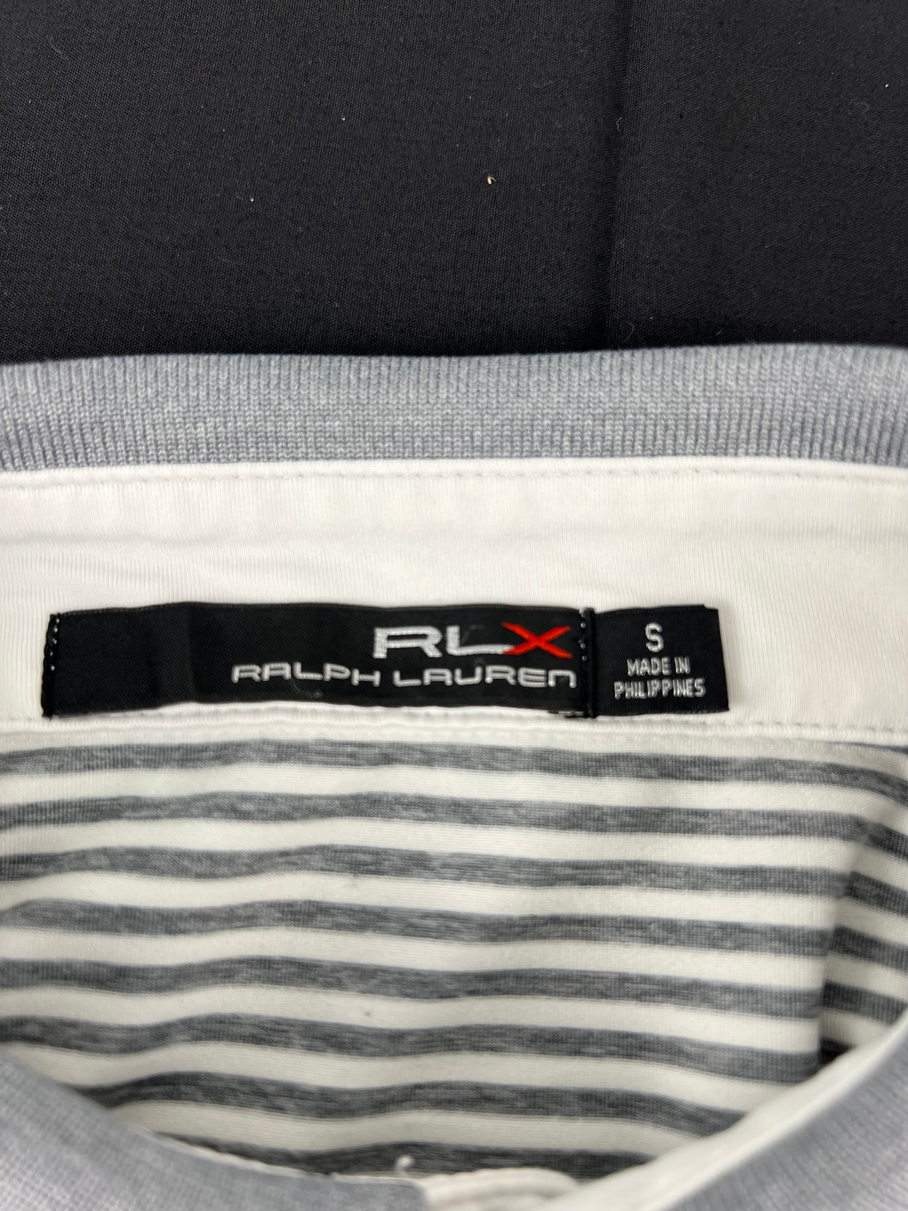 Close-up detail of Ralph Lauren RLX size S label inside the grey and white striped polo shirt