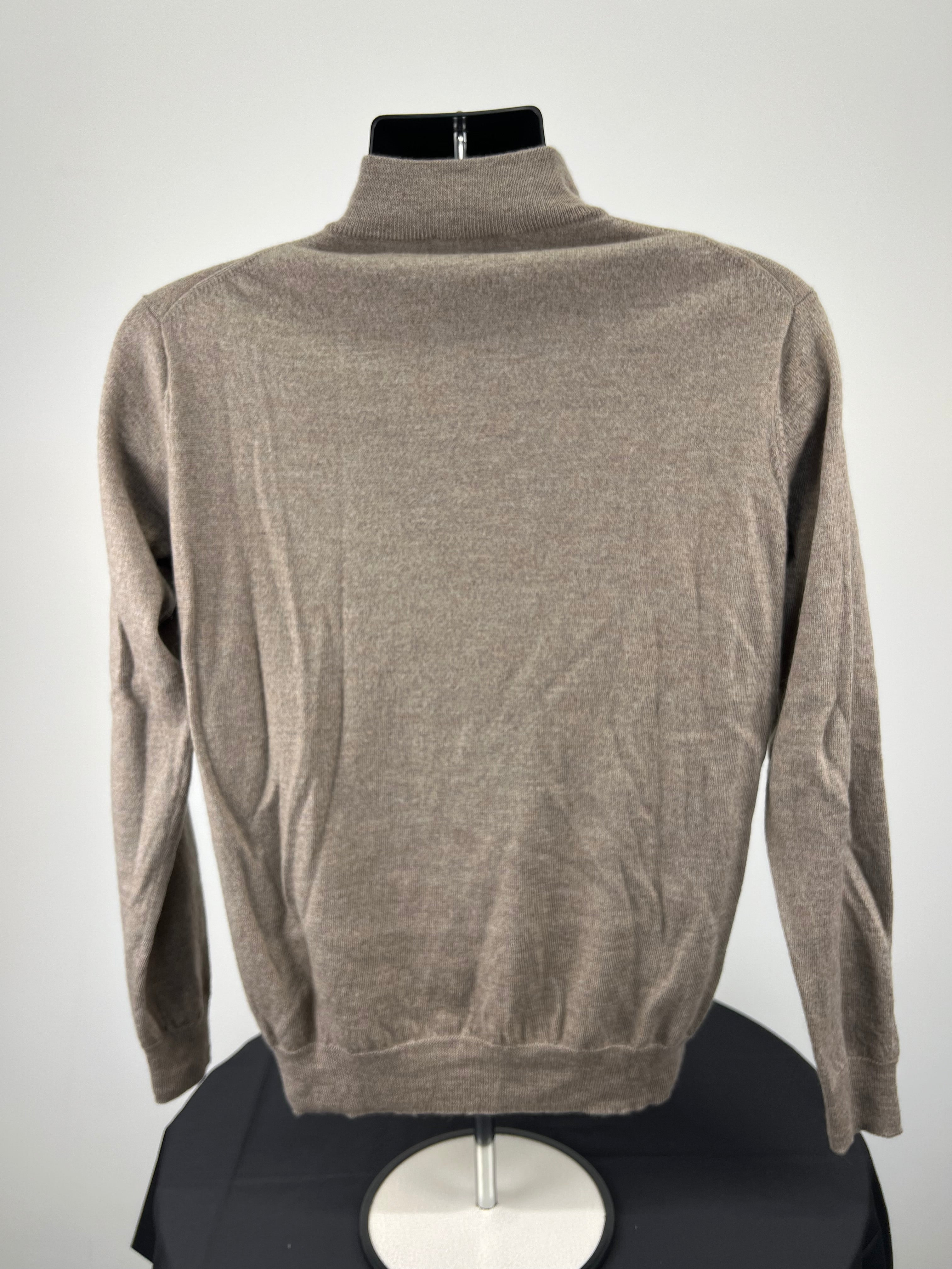Back view of men’s Peter Millar light taupe merino wool jumper showing classic fit and ribbed hem