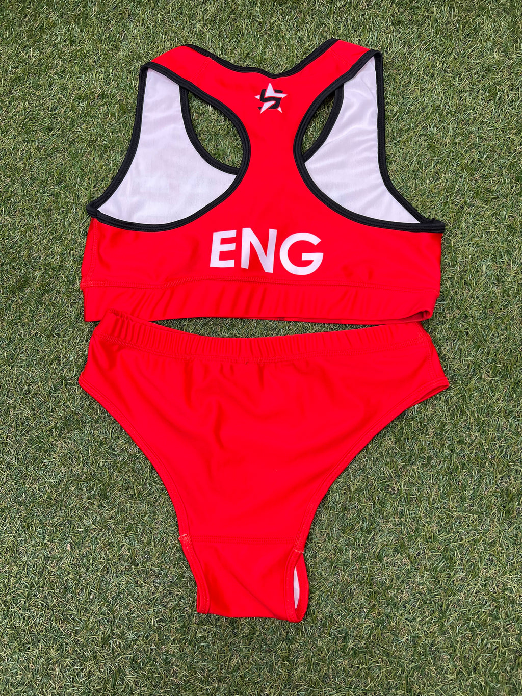 Back view of Women's Team England red volleyball bikini set showing racerback design