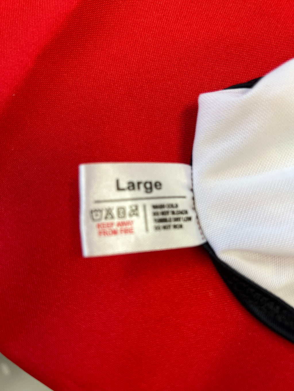 Close-up of size label on the red volleyball bikini showing size Large