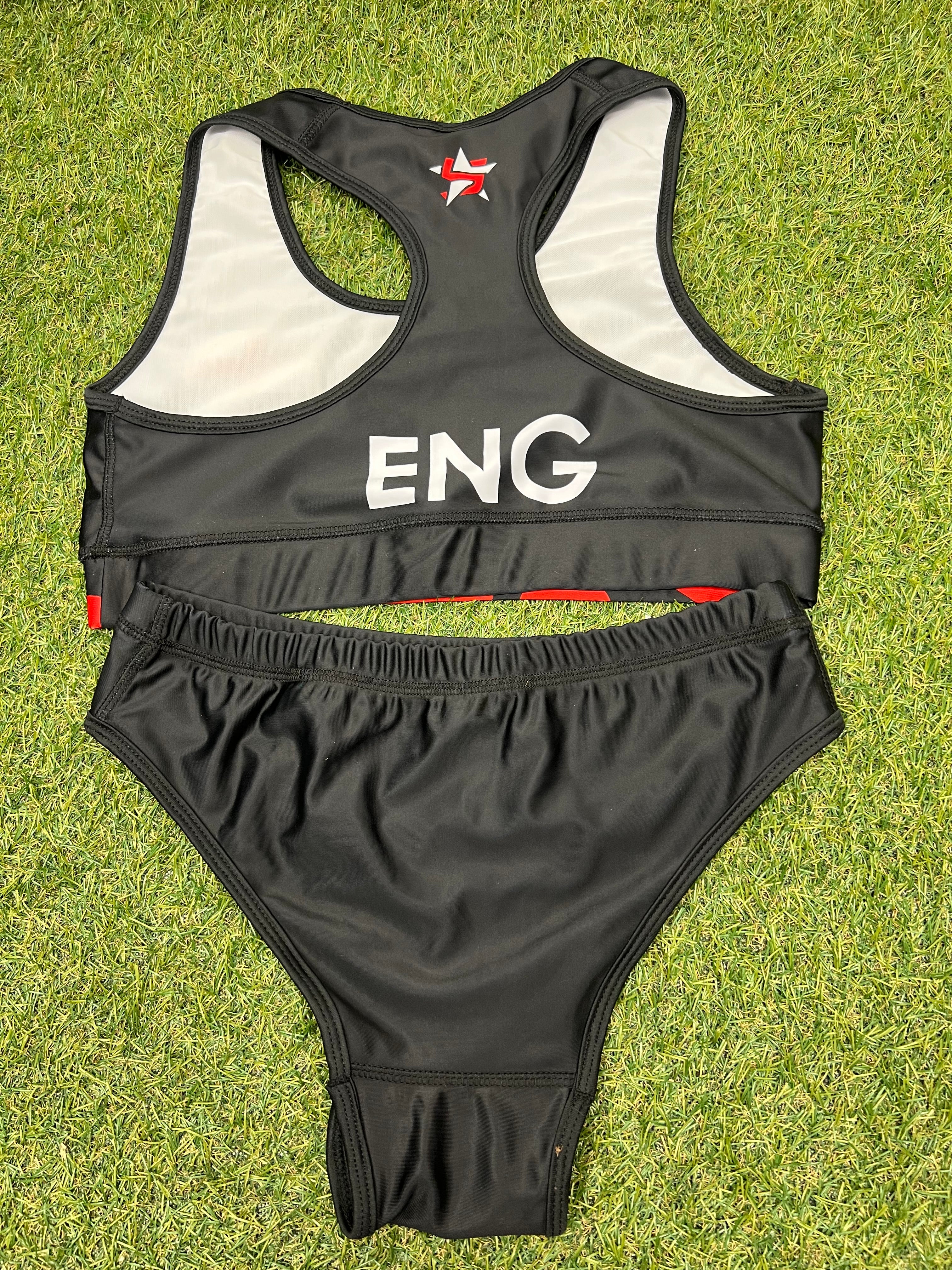 Back view of women's black Team England beach volleyball bikini showing racerback top and plain bottoms