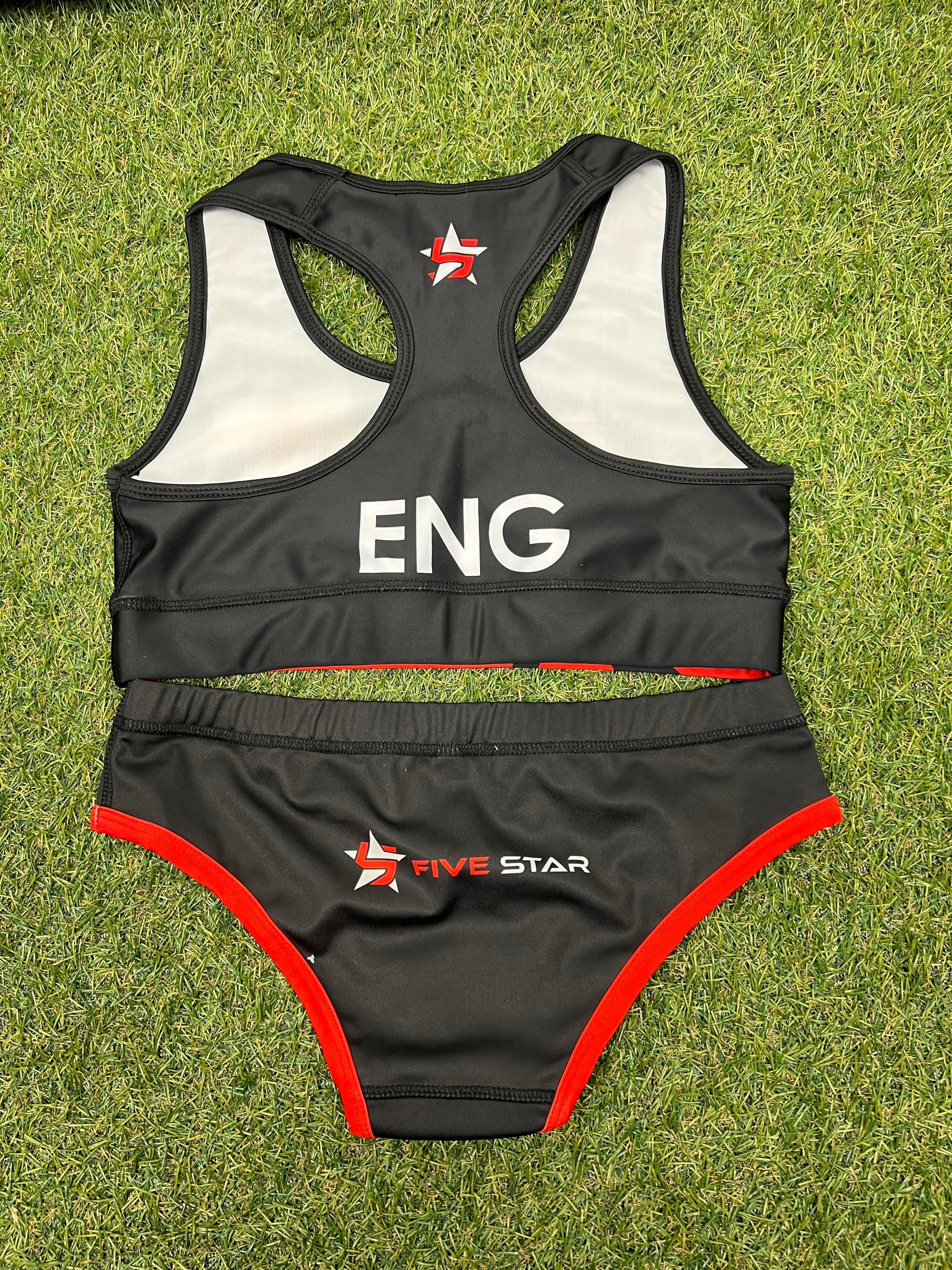 Back view of women’s Team England black and red beach volleyball bikini showing racerback design and logos