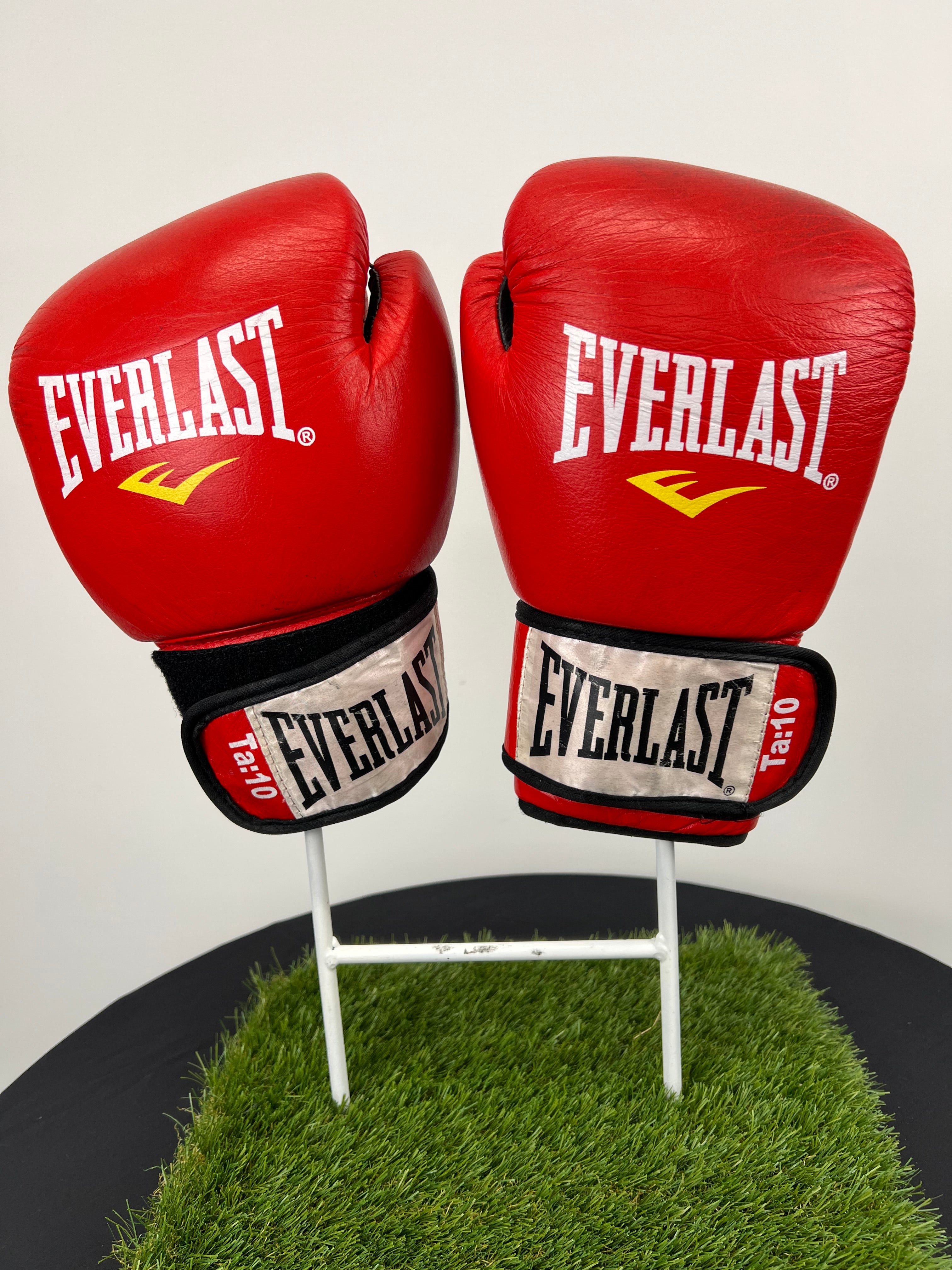 Front view of Everlast red boxing gloves 10oz with white and yellow branding