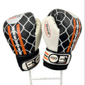 Front view of Sport EQ 10oz boxing gloves with black and white chain-link pattern and orange stripes