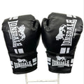 Front view of Lonsdale London black boxing gloves with white logo and stripes
