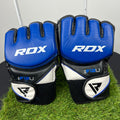 Front view of RDX F12U Professional MMA Grappling Gloves in blue, black, and white