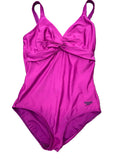 Front view of a women's purple Speedo swimsuit size 16 with twisted front design and adjustable straps