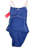 Front view of Women’s Slazenger blue swimsuit size 16 with cream straps laid on grass