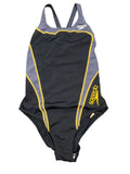 Front view of black and grey Speedo women's swimsuit with yellow detailing laid on grass