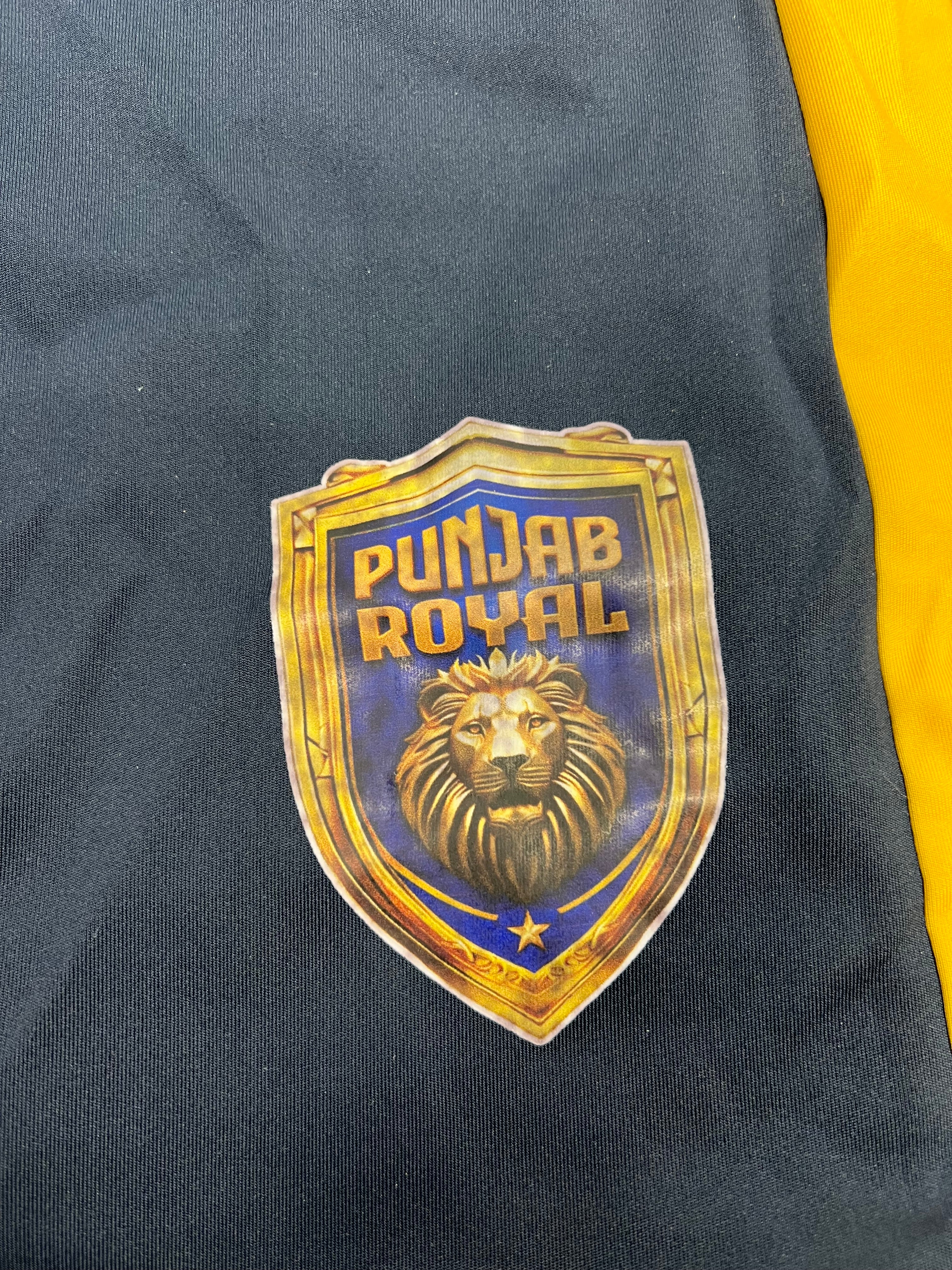 Close-up of Punjab Royal lion emblem logo on black sports shorts with golden yellow side panel